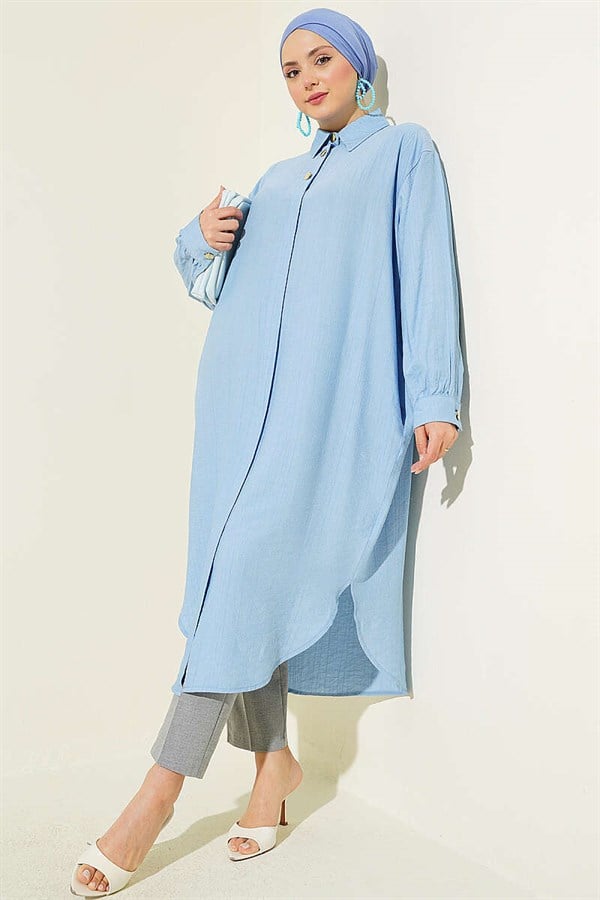 Long Shirt with Concealed Button Pockets, Blue