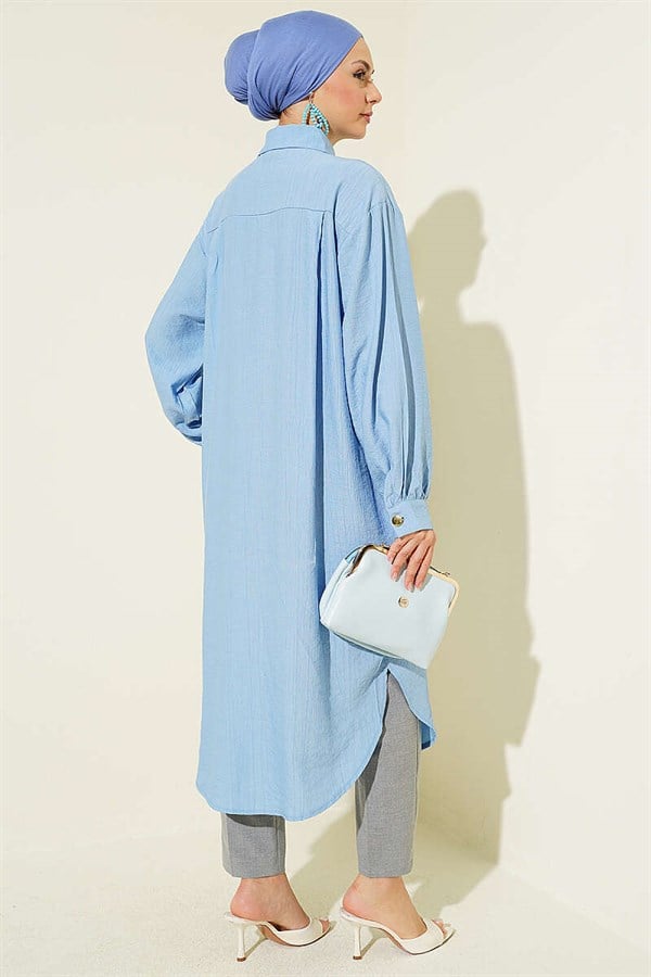 Long Shirt with Concealed Button Pockets, Blue