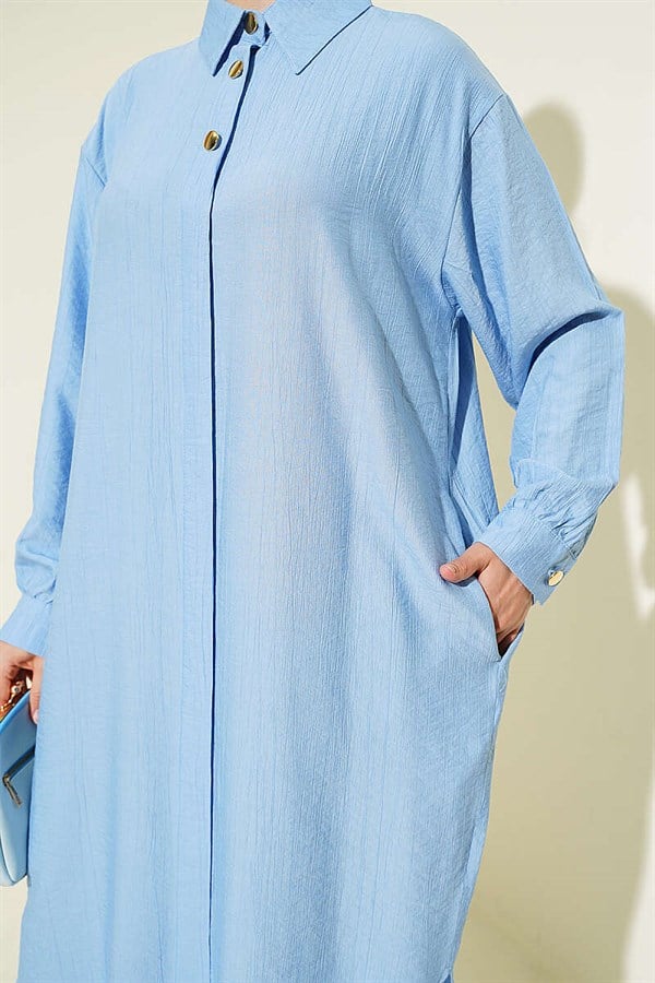 Long Shirt with Concealed Button Pockets, Blue