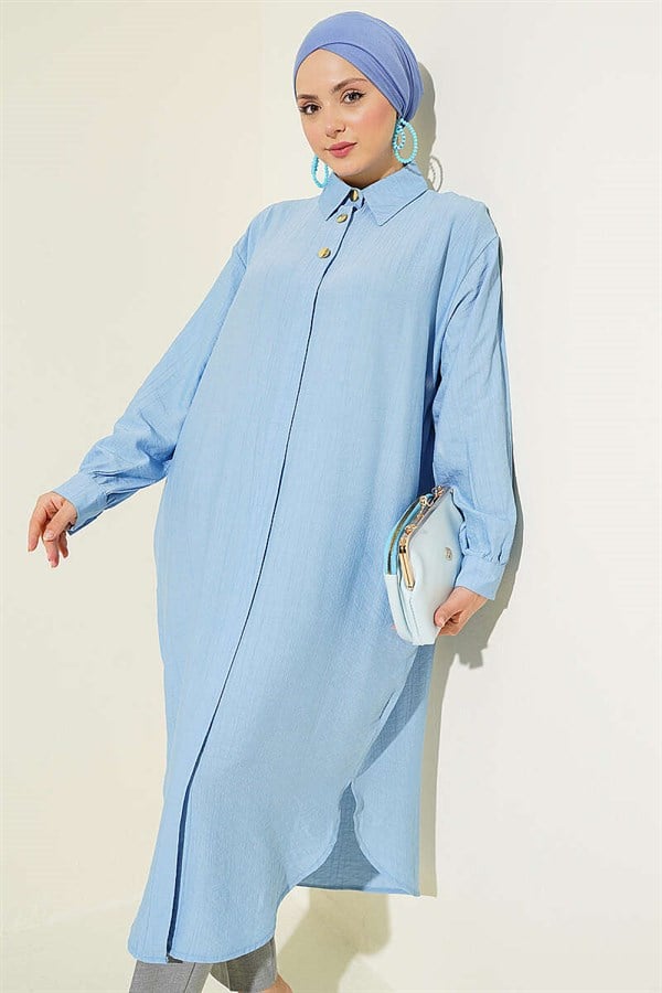 Long Shirt with Concealed Button Pockets, Blue