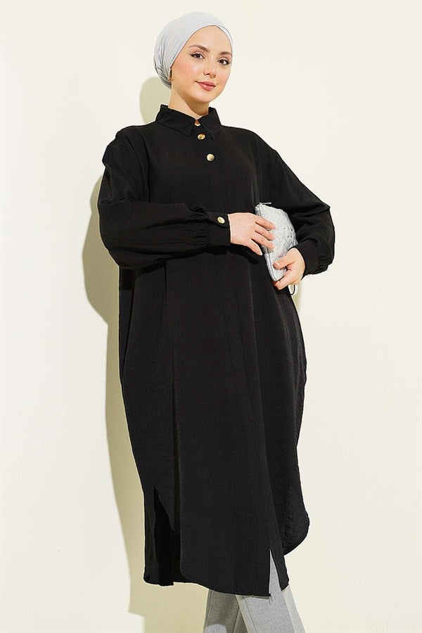 Long Shirt with Hidden Button Pockets, Black
