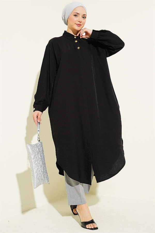 Long Shirt with Hidden Button Pockets, Black