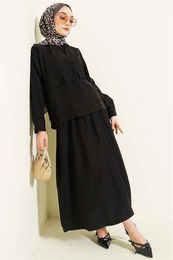 Tencel 2 Piece Set with Hidden Button Skirt, Black