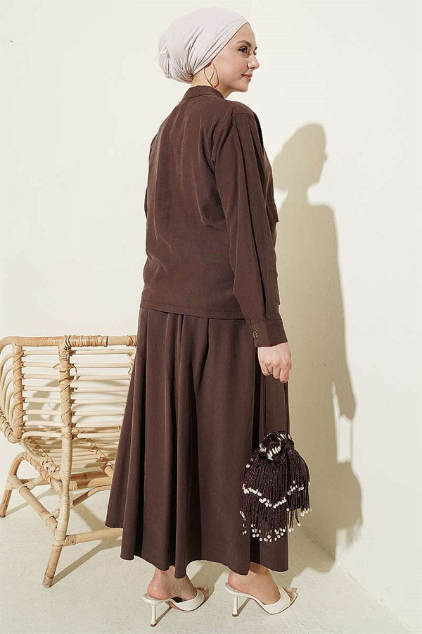 Tencel 2 Piece Set with Hidden Button Skirt, Coffee