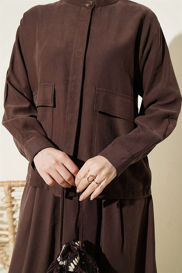Tencel 2 Piece Set with Hidden Button Skirt, Coffee