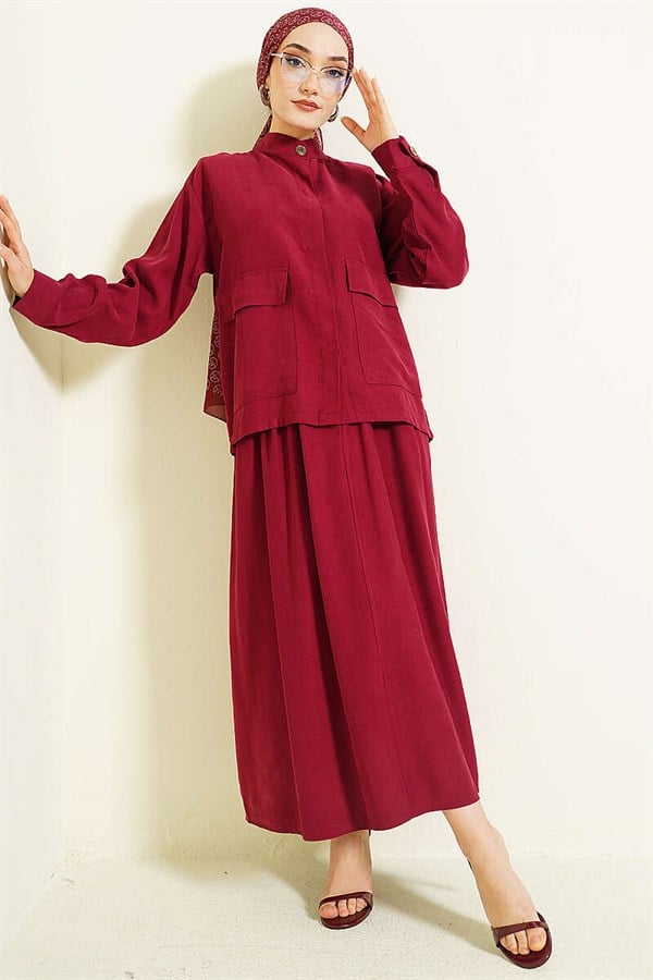 Tencel 2 Piece Set with Hidden Button Skirt, Burgundy