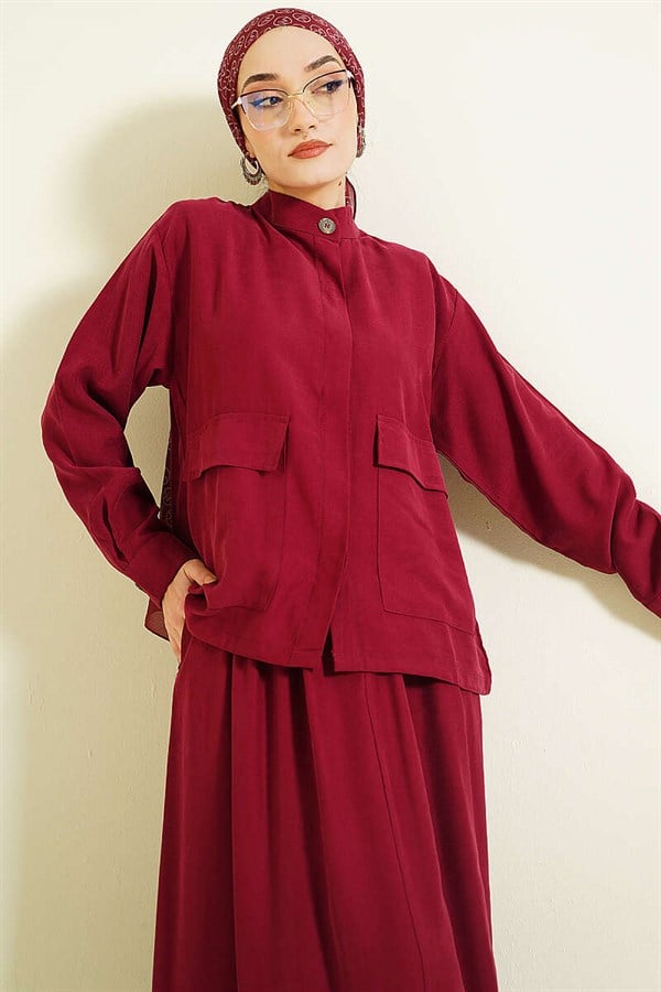 Tencel 2 Piece Set with Hidden Button Skirt, Burgundy