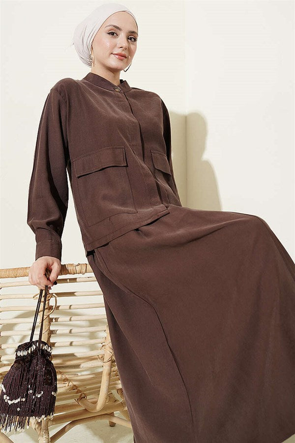 Tencel 2 Piece Set with Hidden Button Skirt, Coffee