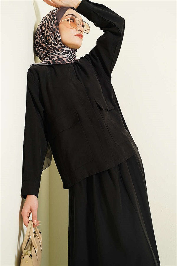Tencel 2 Piece Set with Hidden Button Skirt, Black