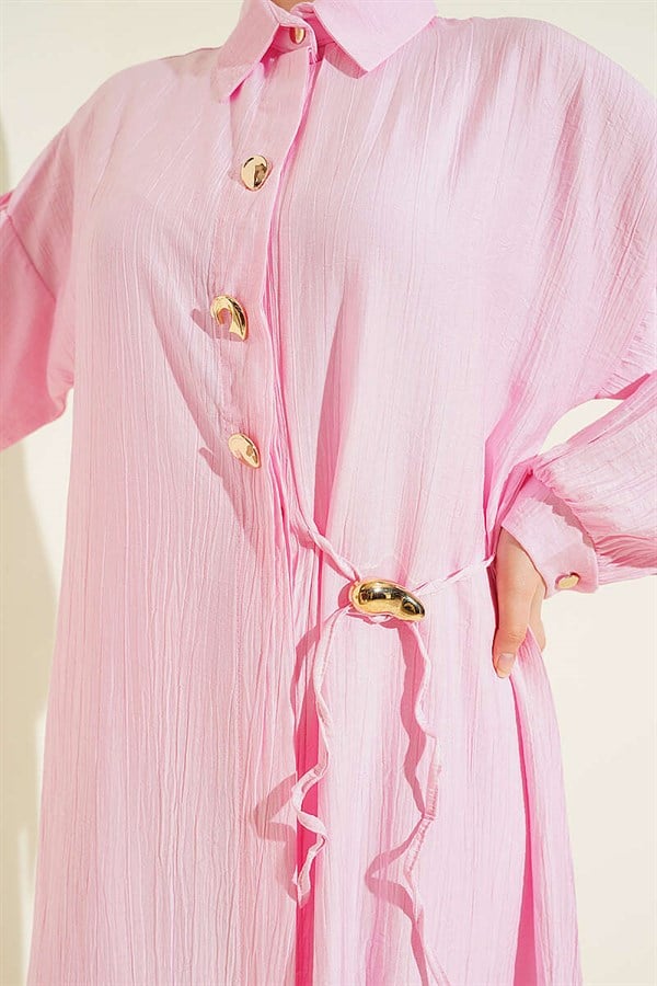 Pink Long Tunic 2 Piece Set with Hidden Button and Drawstring Detail