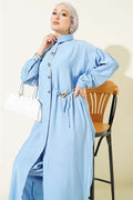 Long Tunic 2 Piece Set with Hidden Button and Drawstring Detail, Blue
