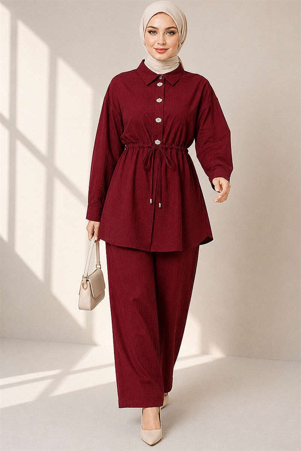 Long Tunic 2 Piece Set with Hidden Button and Drawstring Detail, Burgundy