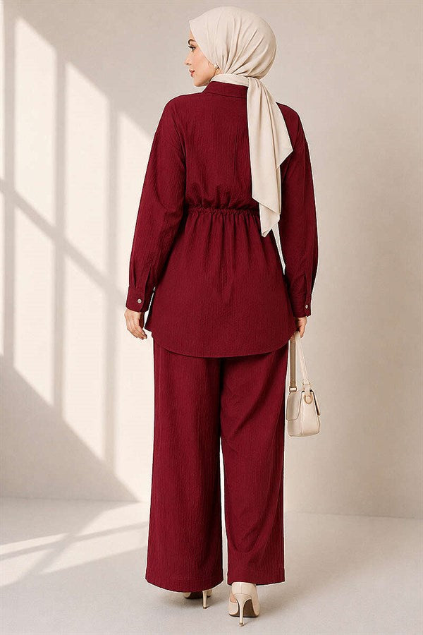 Long Tunic 2 Piece Set with Hidden Button and Drawstring Detail, Burgundy