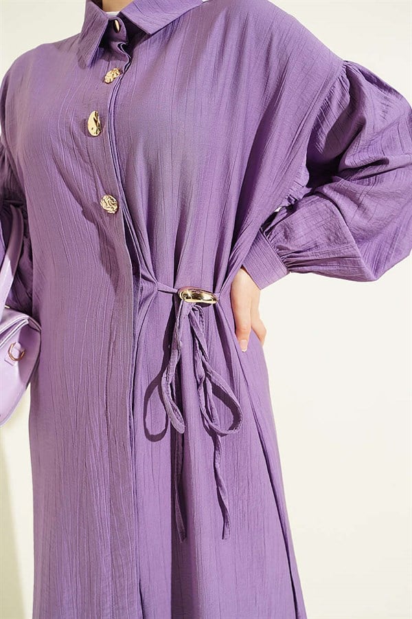 Long Tunic Set with Hidden Button and Drawstring Detail, Lilac