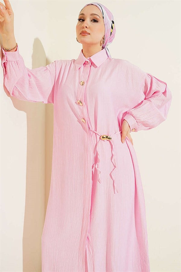 Pink Long Tunic 2 Piece Set with Hidden Button and Drawstring Detail