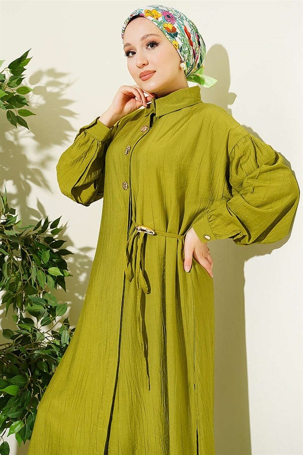 Long Tunic Set with Hidden Button and Drawstring Detail, Olive Green