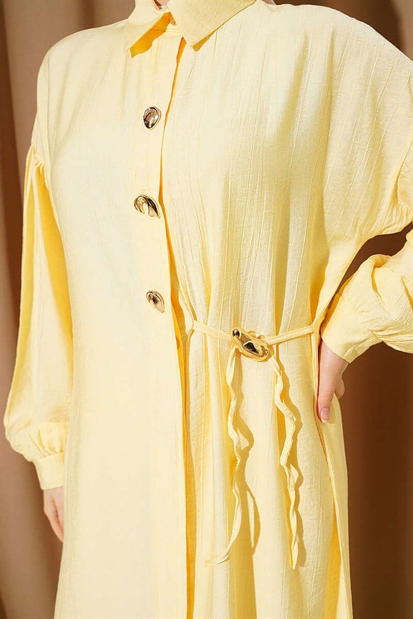 Long Tunic 2 Piece Set with Hidden Button and Drawstring Detail, Yellow