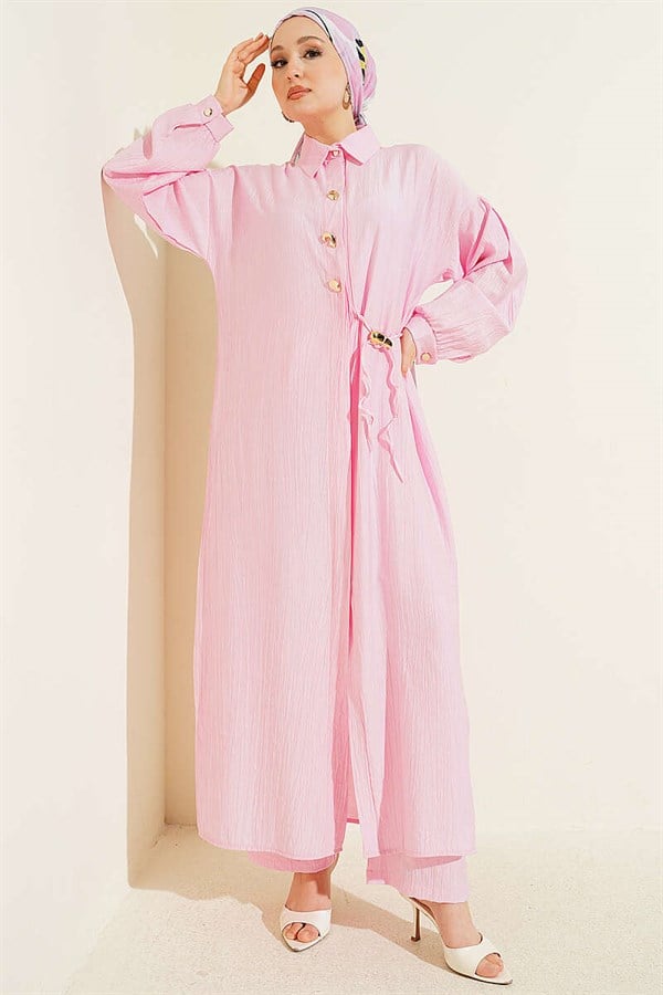 Pink Long Tunic 2 Piece Set with Hidden Button and Drawstring Detail