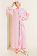 Pink Long Tunic 2 Piece Set with Hidden Button and Drawstring Detail