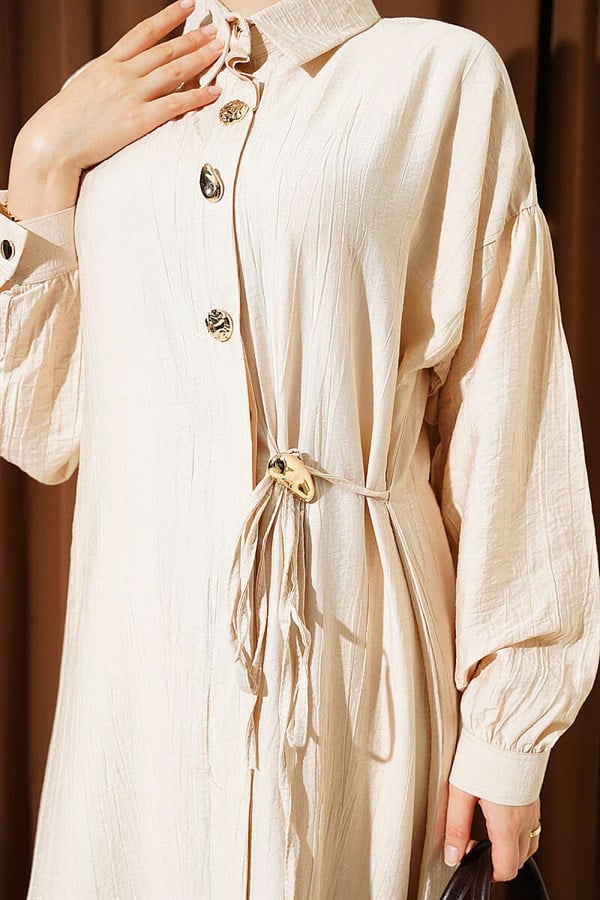 Long Tunic Set with Hidden Button and Drawstring Detail, Beige