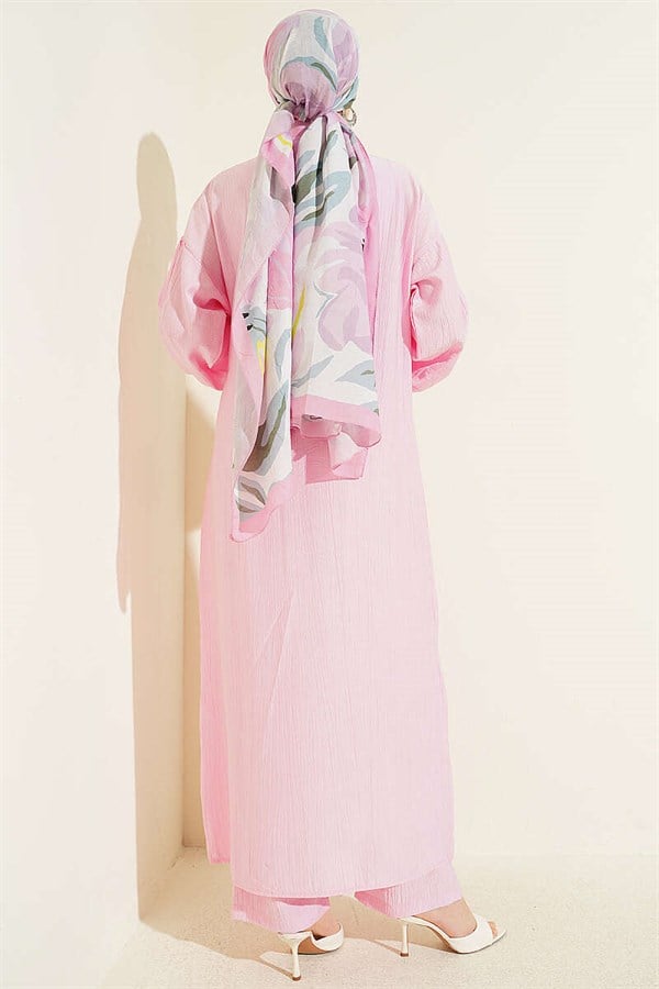 Pink Long Tunic 2 Piece Set with Hidden Button and Drawstring Detail