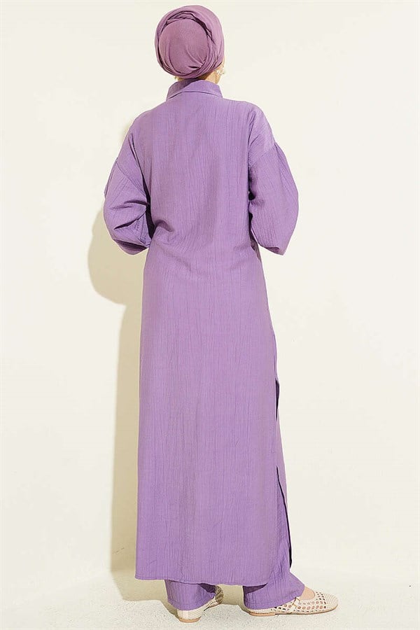 Long Tunic Set with Hidden Button and Drawstring Detail, Lilac