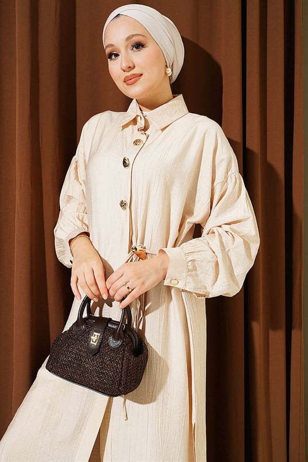 Long Tunic Set with Hidden Button and Drawstring Detail, Beige
