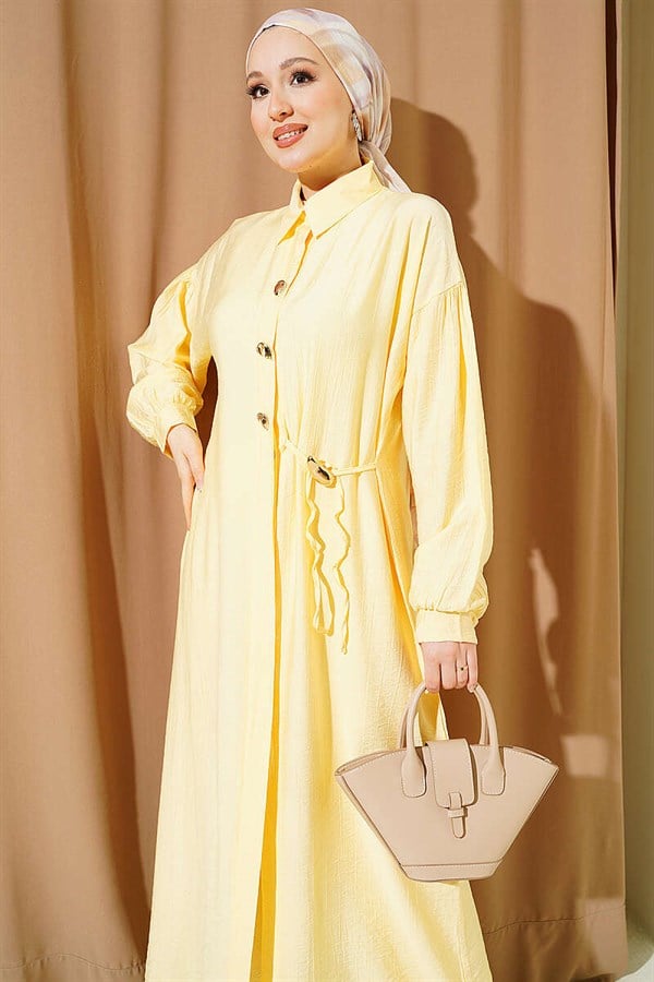 Long Tunic 2 Piece Set with Hidden Button and Drawstring Detail, Yellow