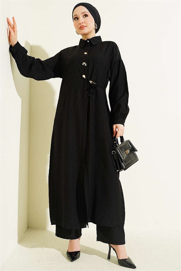 Long Tunic 2 Piece Set with Hidden Button and Drawstring Detail, Black