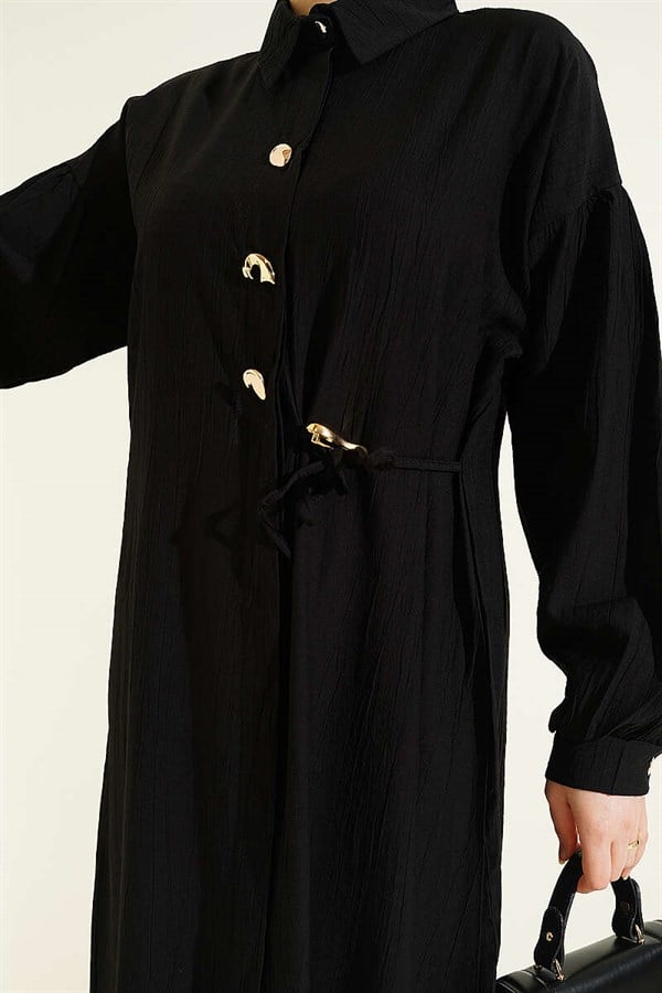 Long Tunic 2 Piece Set with Hidden Button and Drawstring Detail, Black