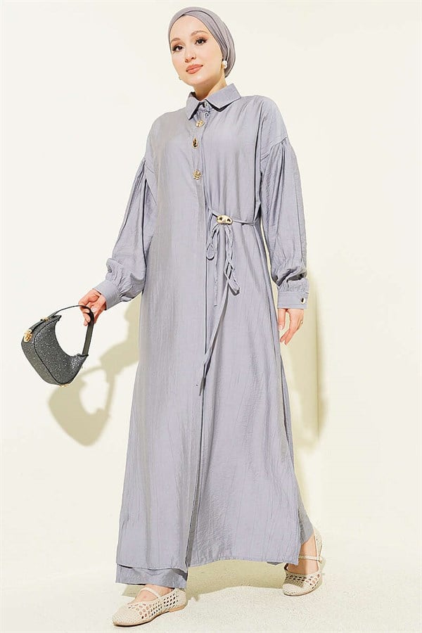 Long Tunic Set with Hidden Button and Drawstring Detail, Grey