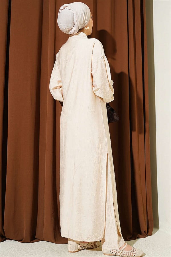 Long Tunic Set with Hidden Button and Drawstring Detail, Beige