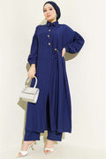 Navy Blue Long Tunic 2 Piece Set with Hidden Button and Drawstring Detail