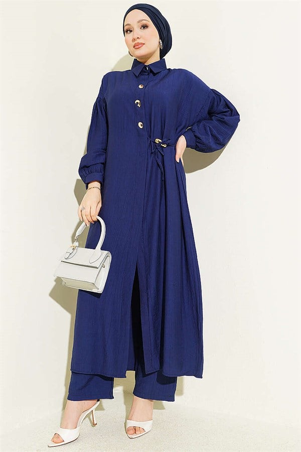 Navy Blue Long Tunic 2 Piece Set with Hidden Button and Drawstring Detail