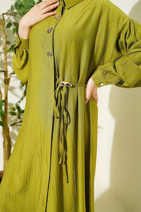 Long Tunic Set with Hidden Button and Drawstring Detail, Olive Green