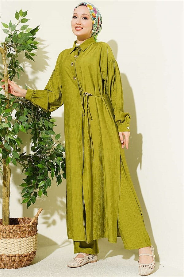 Long Tunic Set with Hidden Button and Drawstring Detail, Olive Green