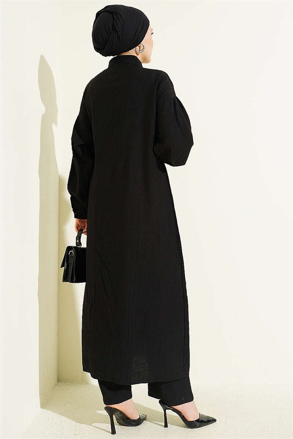 Long Tunic 2 Piece Set with Hidden Button and Drawstring Detail, Black