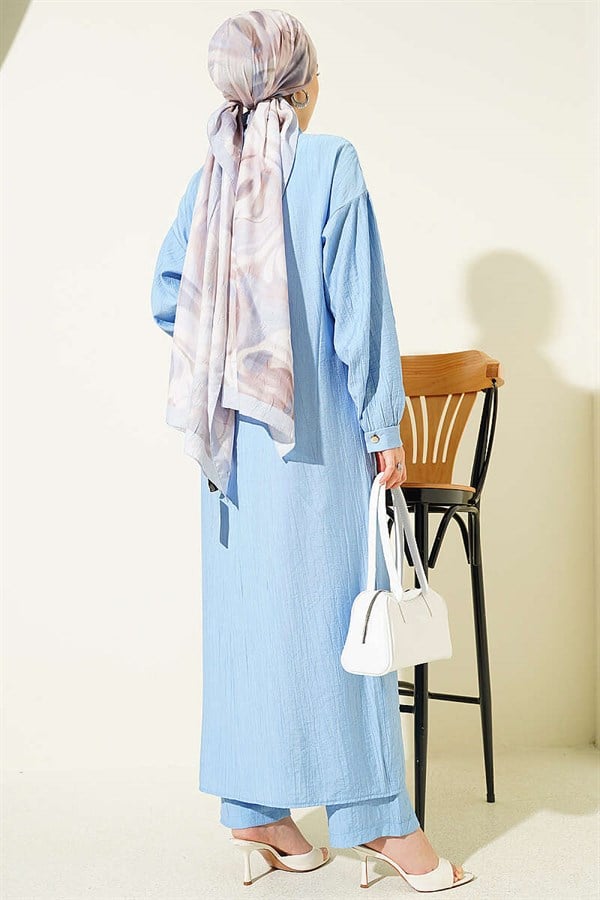 Long Tunic 2 Piece Set with Hidden Button and Drawstring Detail, Blue