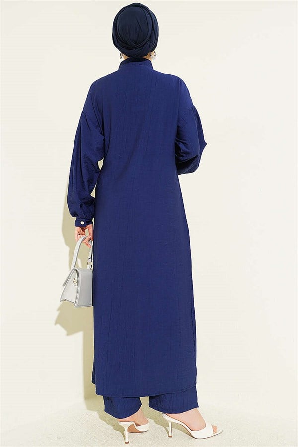 Navy Blue Long Tunic 2 Piece Set with Hidden Button and Drawstring Detail