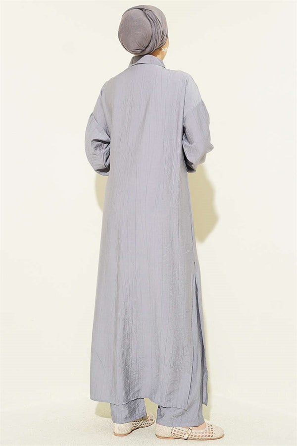 Long Tunic Set with Hidden Button and Drawstring Detail, Grey