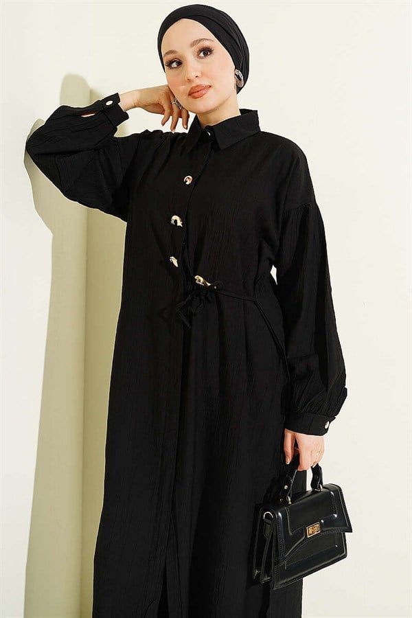 Long Tunic 2 Piece Set with Hidden Button and Drawstring Detail, Black