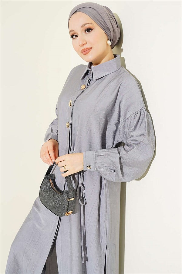 Long Tunic Set with Hidden Button and Drawstring Detail, Grey