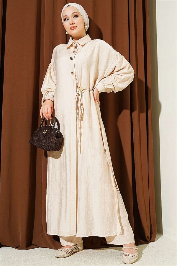 Long Tunic Set with Hidden Button and Drawstring Detail, Beige