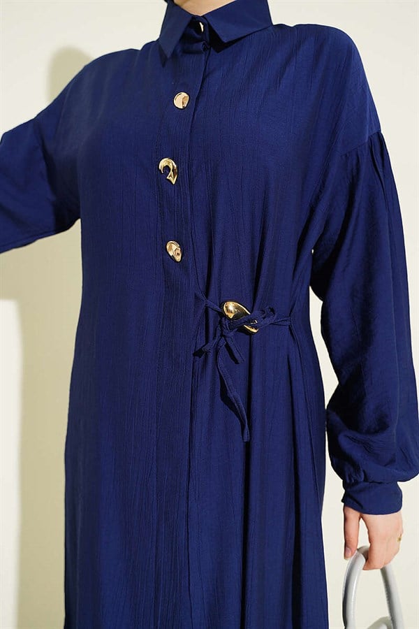 Navy Blue Long Tunic 2 Piece Set with Hidden Button and Drawstring Detail