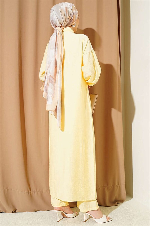 Long Tunic 2 Piece Set with Hidden Button and Drawstring Detail, Yellow