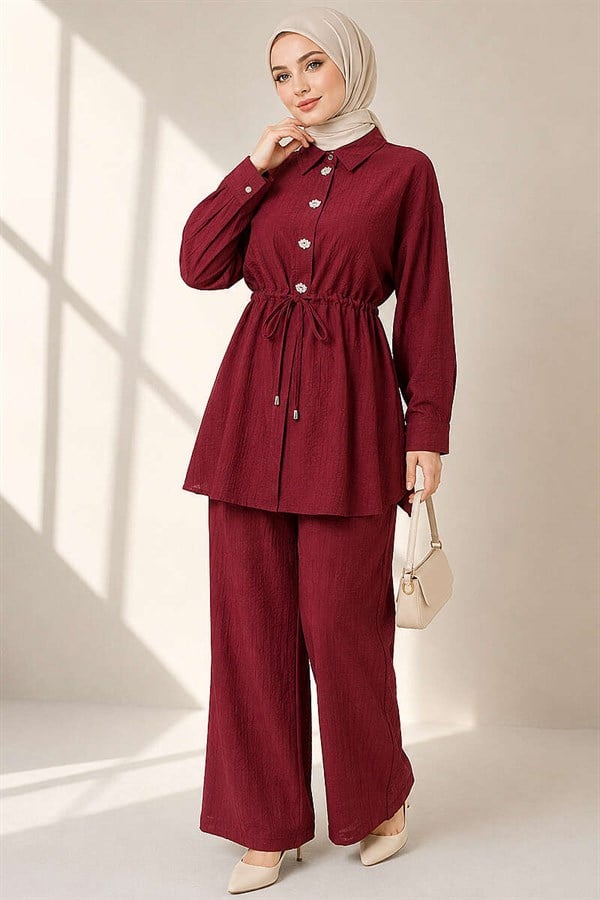Long Tunic 2 Piece Set with Hidden Button and Drawstring Detail, Burgundy