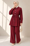 Long Tunic 2 Piece Set with Hidden Button and Drawstring Detail, Burgundy