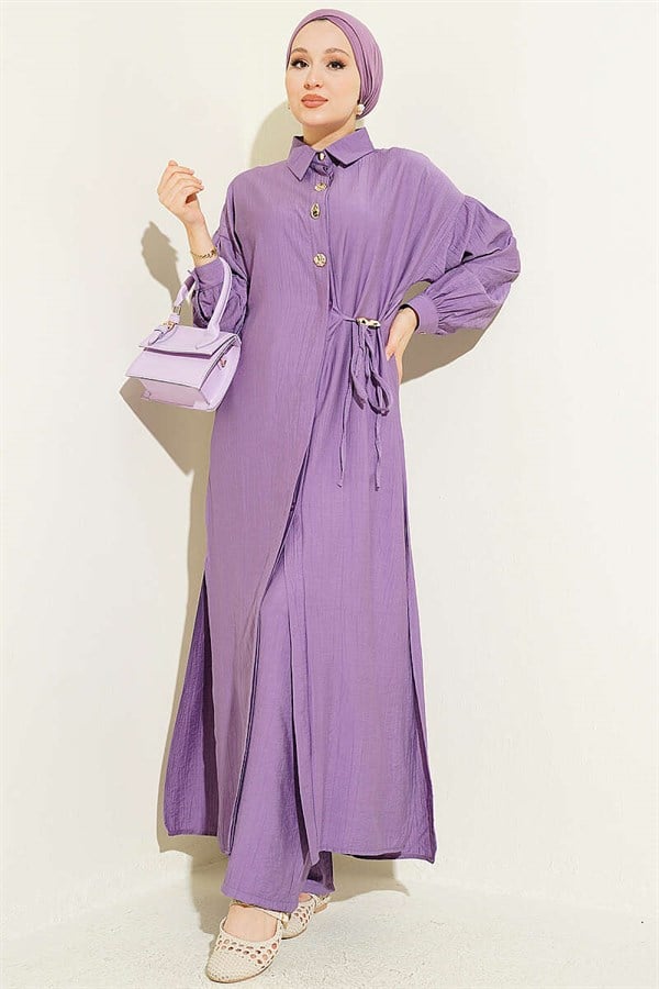 Long Tunic Set with Hidden Button and Drawstring Detail, Lilac