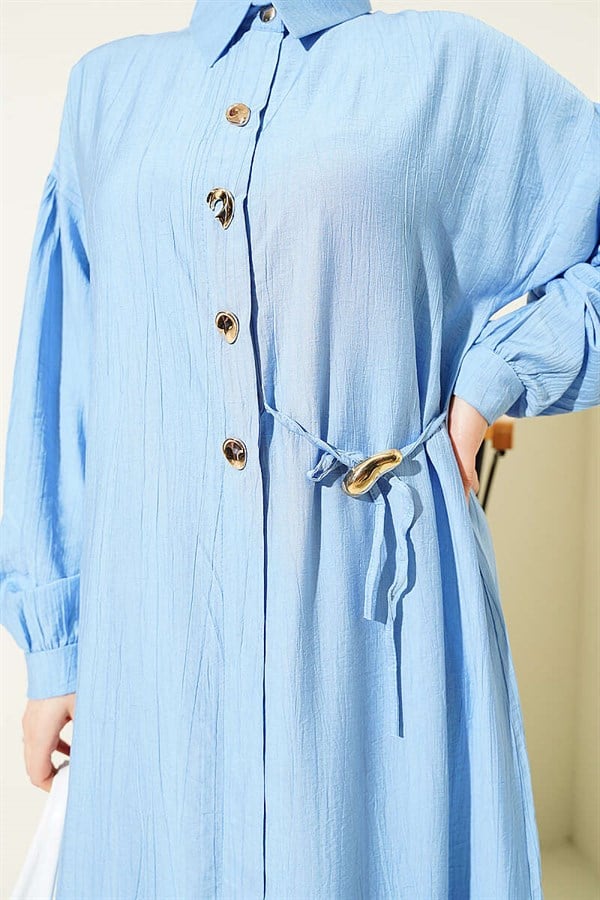 Long Tunic 2 Piece Set with Hidden Button and Drawstring Detail, Blue