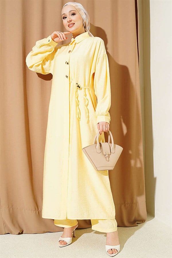 Long Tunic 2 Piece Set with Hidden Button and Drawstring Detail, Yellow